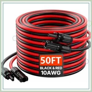 50FT Solar Panel Extension Cable 10AWG with Waterproof Connectors, PV Cable for Home RV Solar Systems (Set of 2)