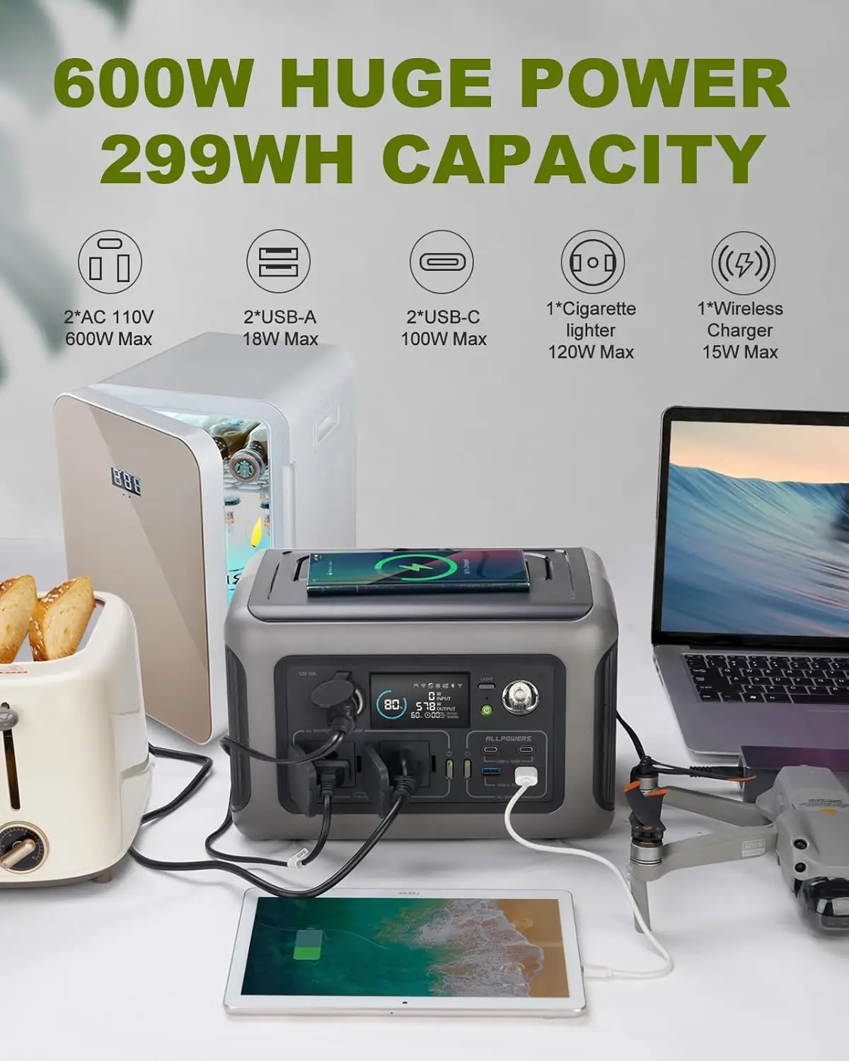 ALLPOWERS Portable Power Station R600, 299Wh LiFeP04 Battery with 2x 600W (1200W Surge) AC Outlets for Outdoor Camping RV Home - Image 3