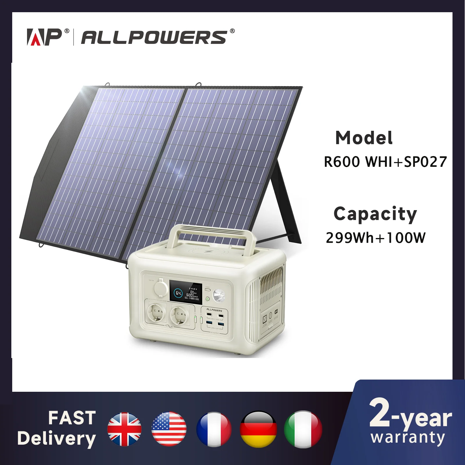 ALLPOWERS R600 Portable Power Station with Solar panel 100W , 600W 299Wh LiFePO4 Solar Generator UPS Battery Backup MPPT for RV - Image 2