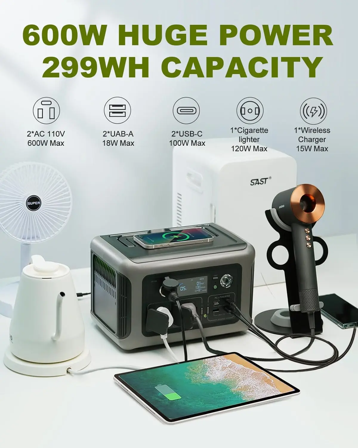 ALLPOWERS Portable Power Station R600, 299Wh LiFeP04 Battery with 2x 600W (1200W Surge) AC Outlets for Outdoor Camping RV Home - Image 5